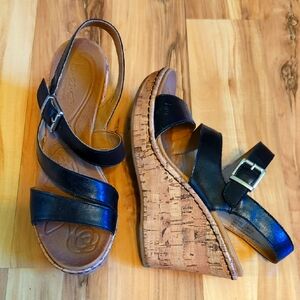 B.O.C Black Leather Wedge Sandals